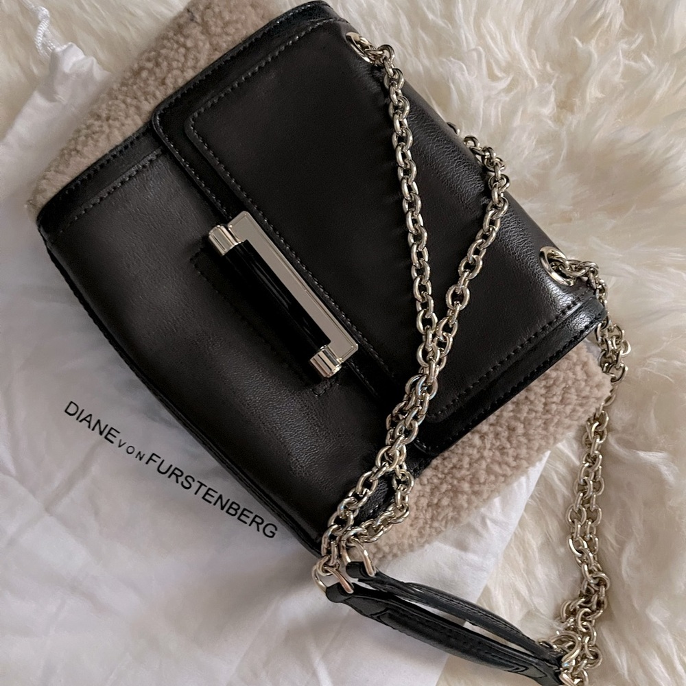 NWT DVF leather/shearling black/brown purse with gold hardware chain straps